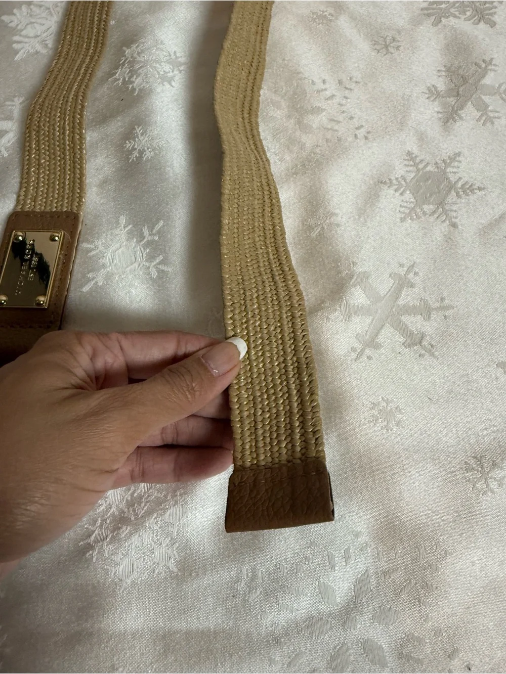 Michael Kors M/L Tan Woven Stretch Leather Belt Gold Double Ring Y2K Boho